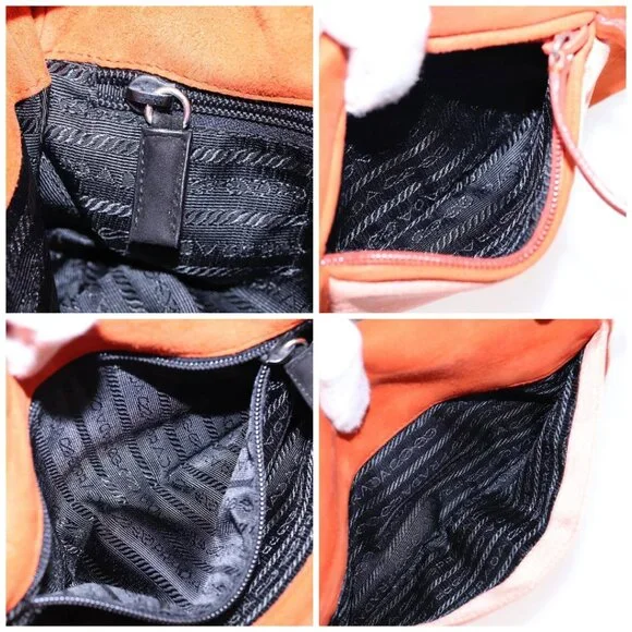 PRADA Shoulder Bag Suede Orange Silver Auth